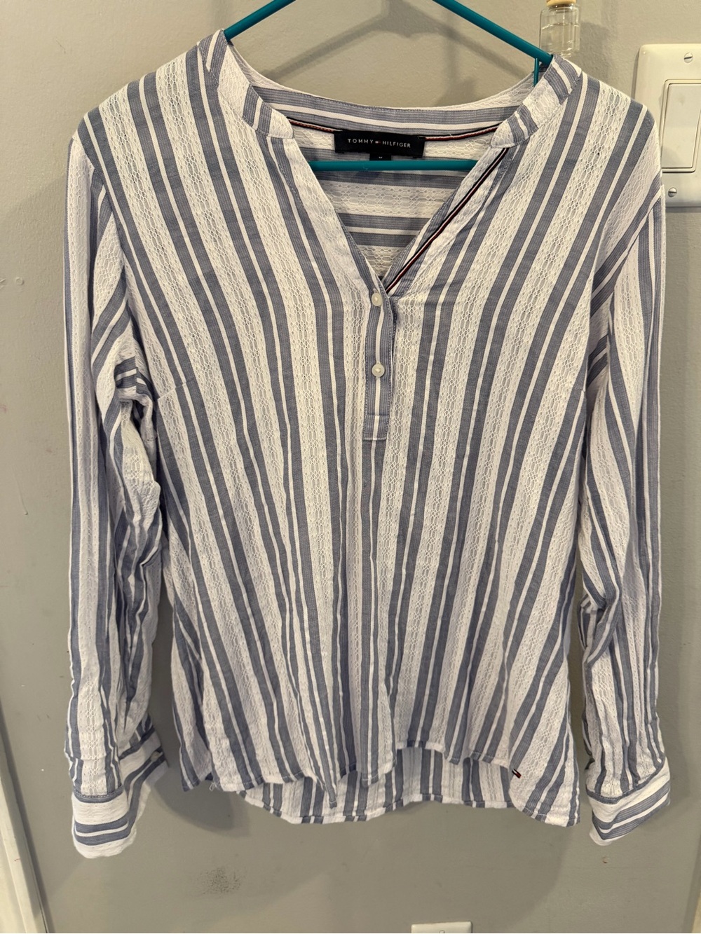 Tommy Hilfiger Blue and White Vertical Stripe Button-Front Casual Shirt